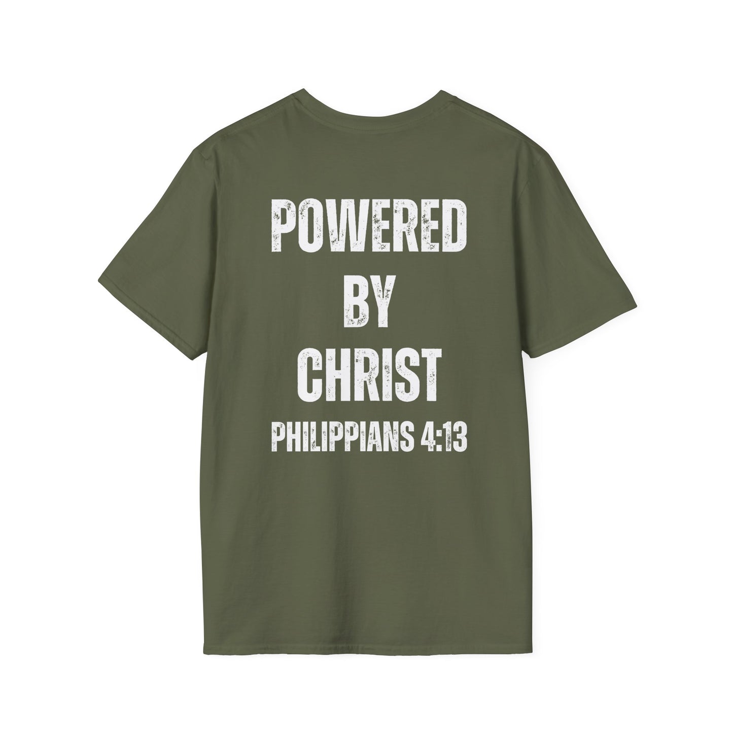 Unisex Softstyle T-Shirt - Powered by Christ, Philippians 4:13 White Text