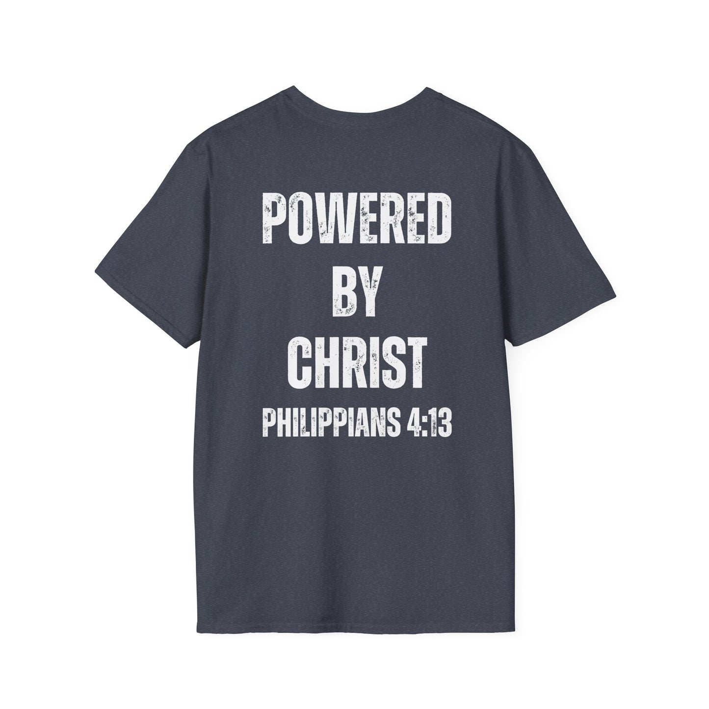 Unisex Softstyle T-Shirt - Powered by Christ, Philippians 4:13 White Text