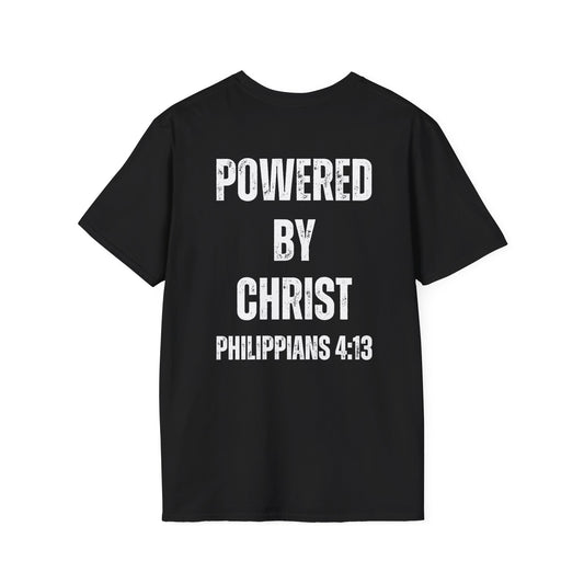 Unisex Softstyle T-Shirt - Powered by Christ, Philippians 4:13 White Text