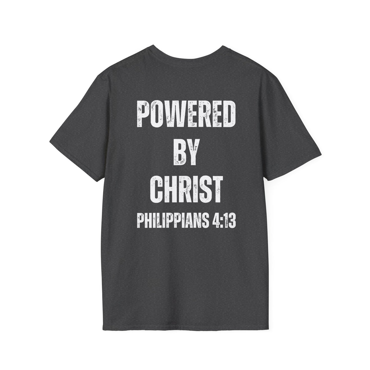 Unisex Softstyle T-Shirt - Powered by Christ, Philippians 4:13 White Text