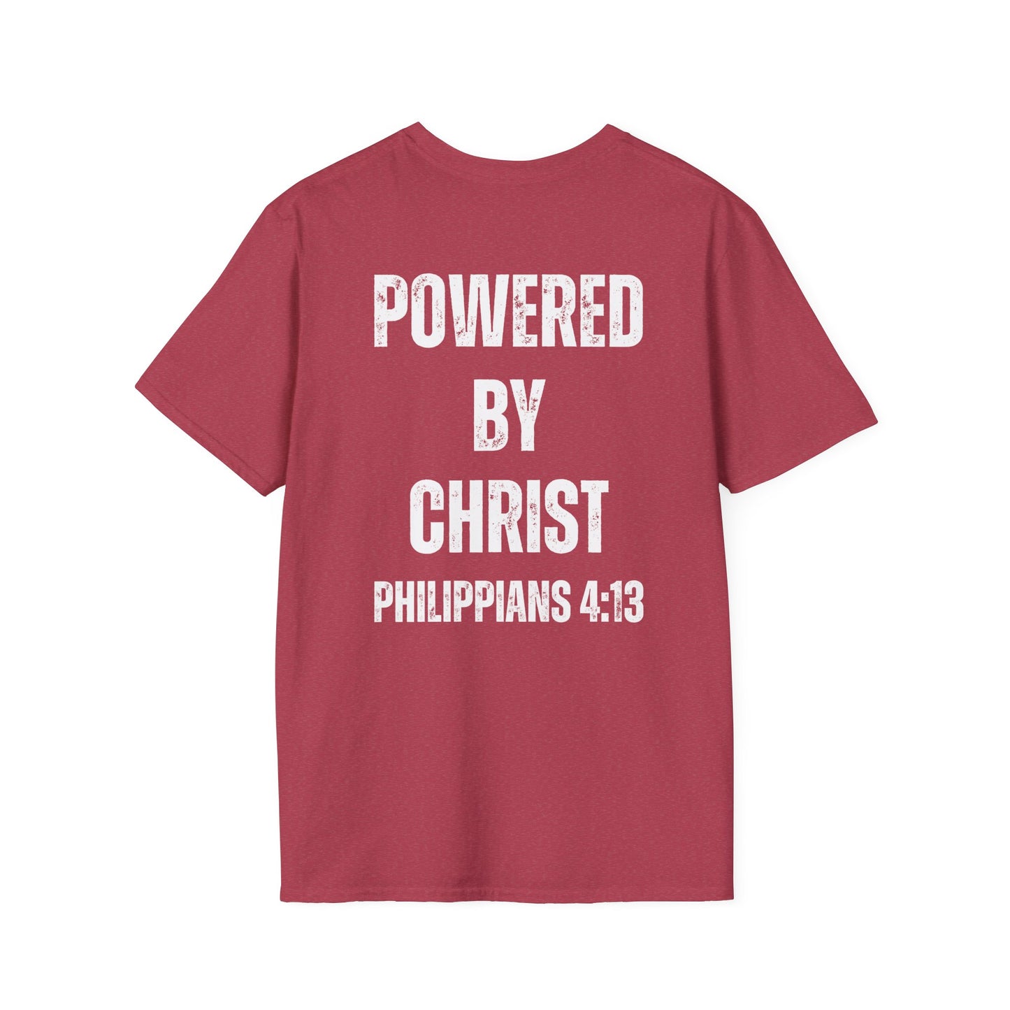 Unisex Softstyle T-Shirt - Powered by Christ, Philippians 4:13 White Text