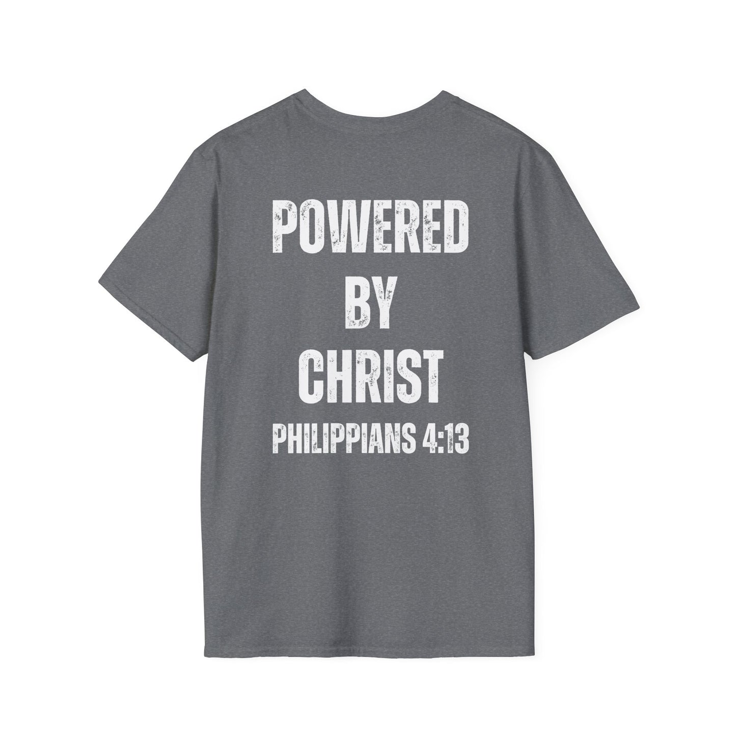 Unisex Softstyle T-Shirt - Powered by Christ, Philippians 4:13 White Text