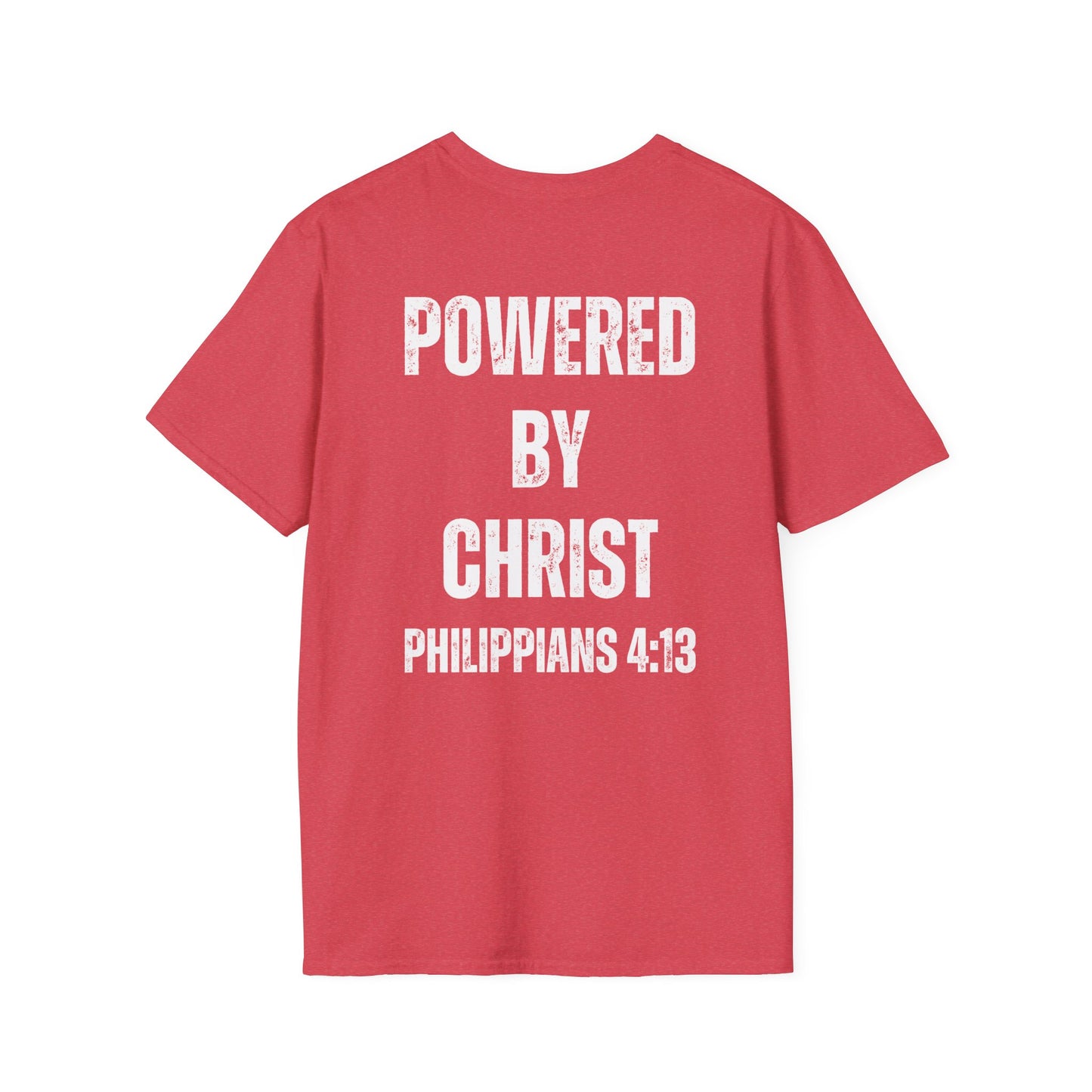 Unisex Softstyle T-Shirt - Powered by Christ, Philippians 4:13 White Text
