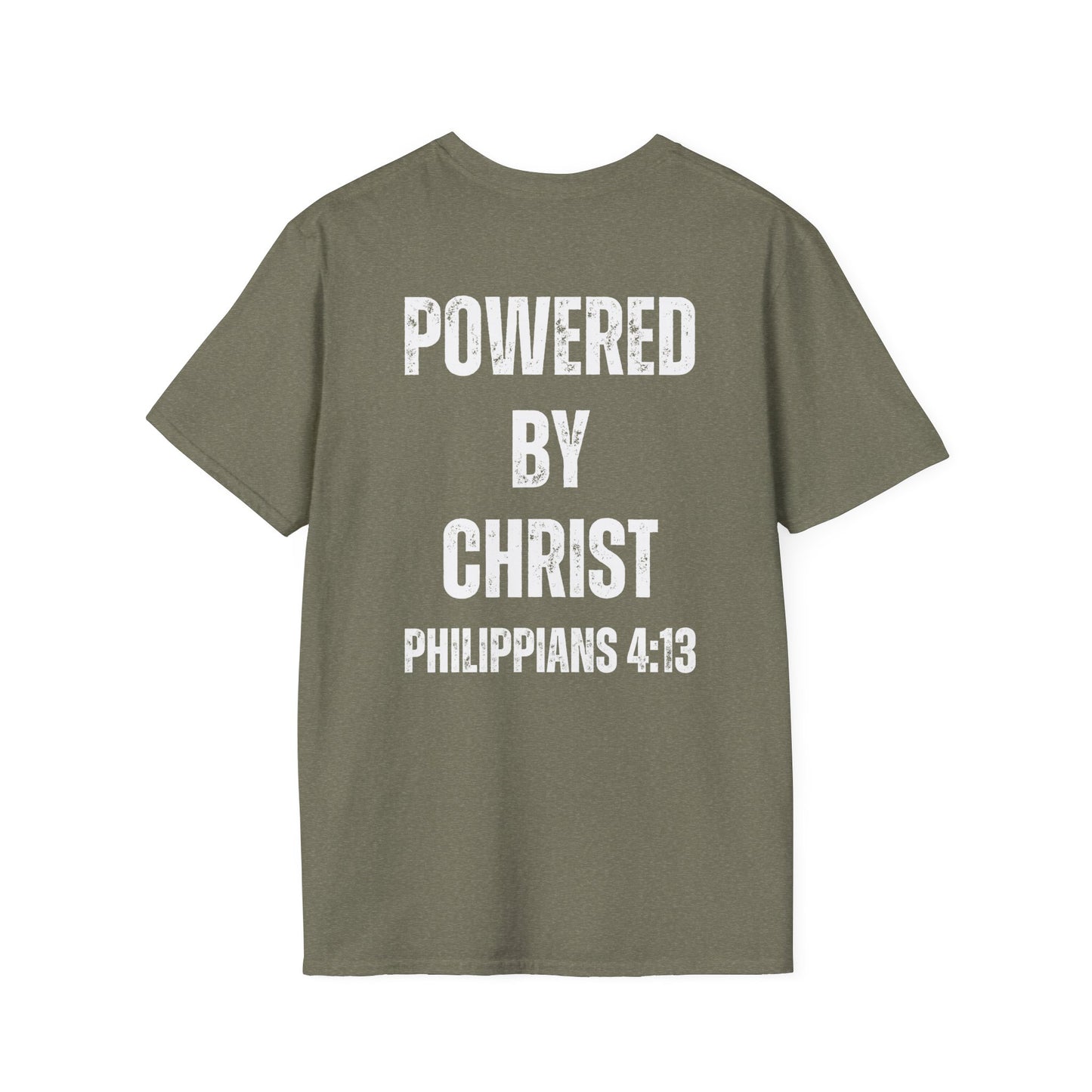 Unisex Softstyle T-Shirt - Powered by Christ, Philippians 4:13 White Text