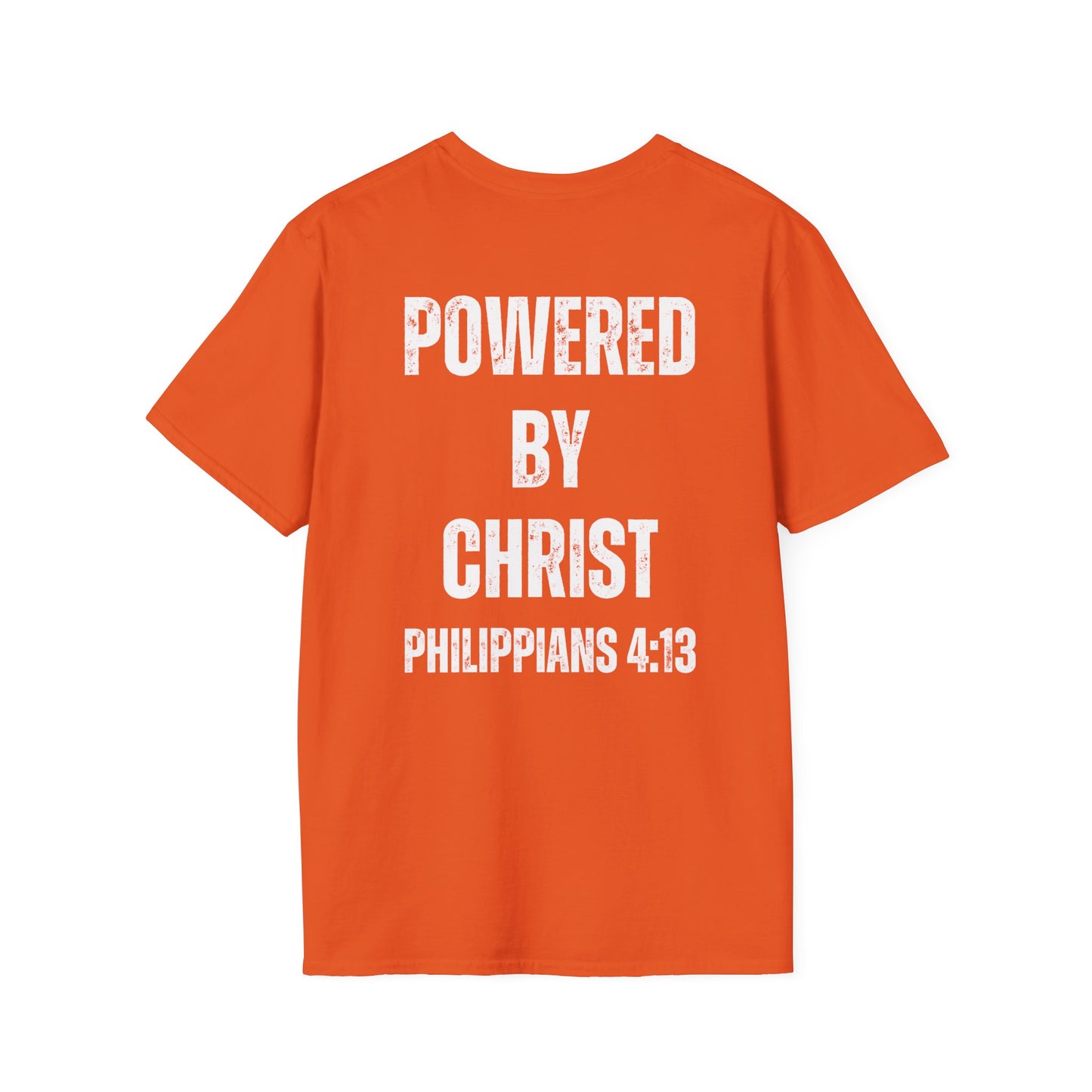 Unisex Softstyle T-Shirt - Powered by Christ, Philippians 4:13 White Text