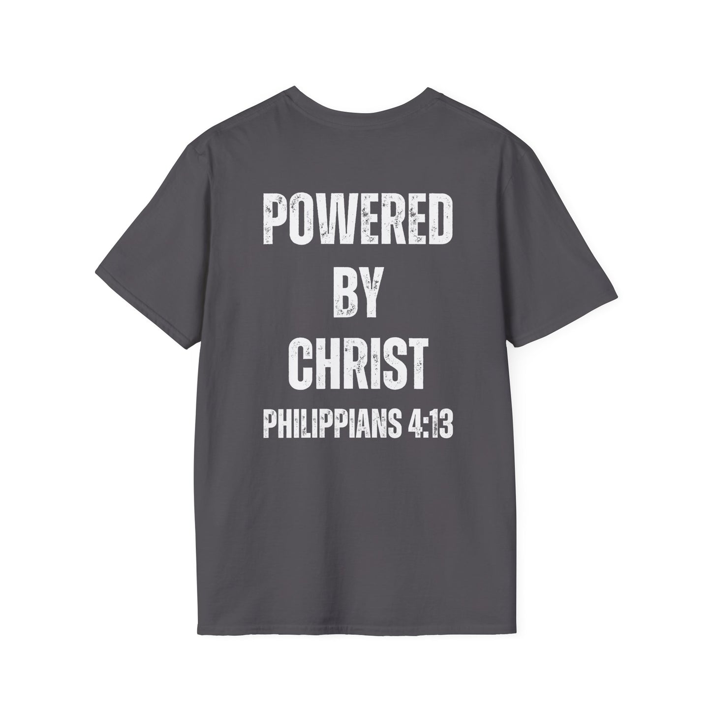 Unisex Softstyle T-Shirt - Powered by Christ, Philippians 4:13 White Text
