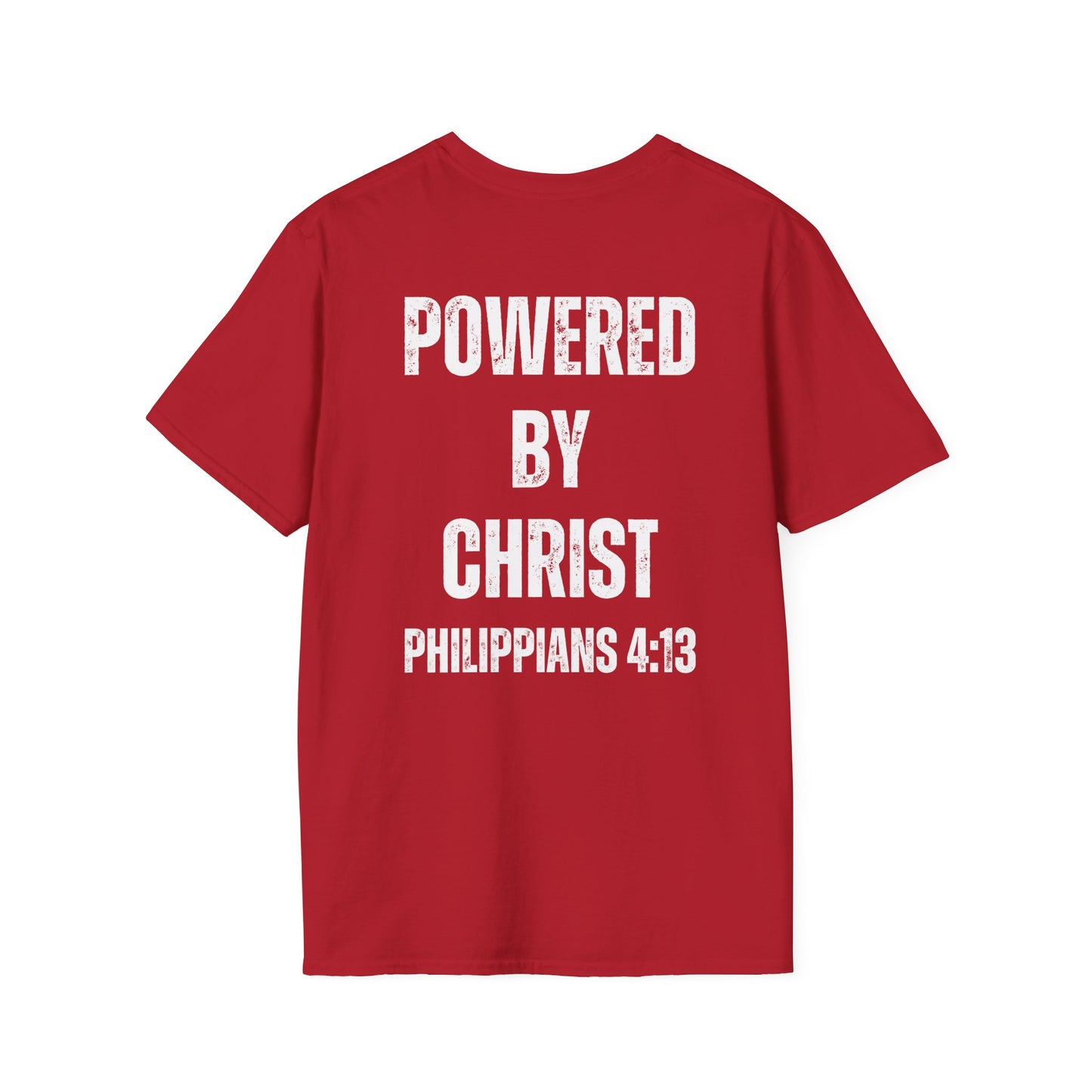 Unisex Softstyle T-Shirt - Powered by Christ, Philippians 4:13 White Text