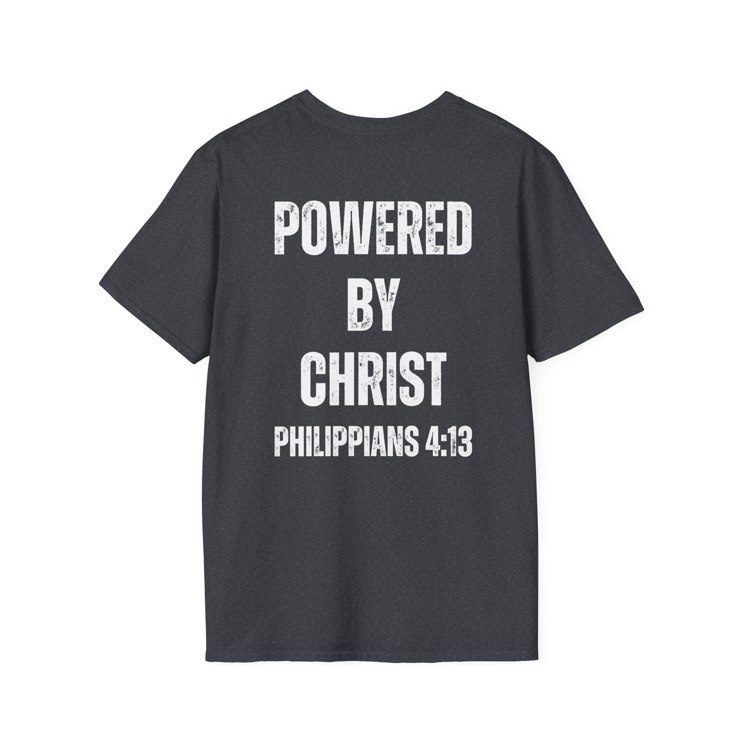 Unisex Softstyle T-Shirt - Powered by Christ, Philippians 4:13 White Text